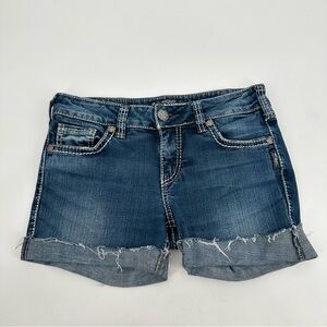 Silver Jeans Shorts Womens 30 Blue SUKI Cutoff Thick Stitch Raw Frayed Hem Denim